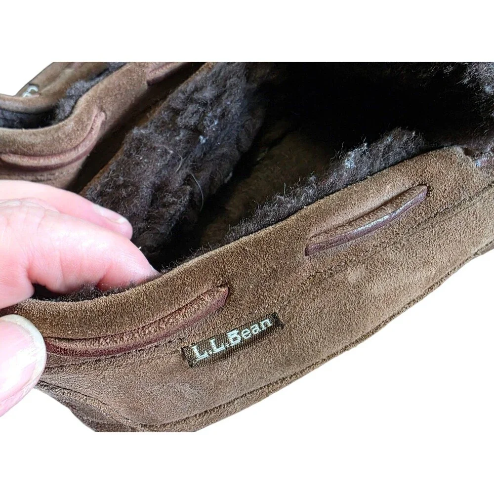 L.L. Bean Men Moccasin Suede Sherpa Lined Slipper Brown Sz 9